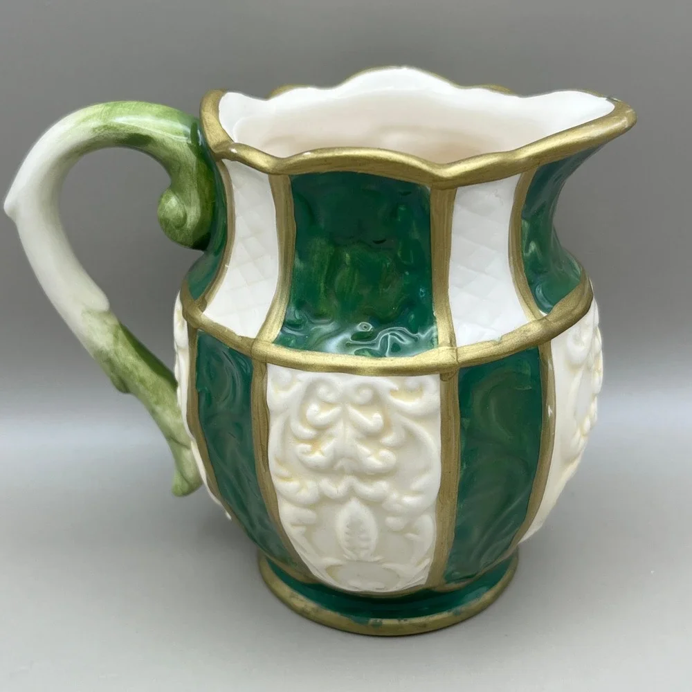 Cosmos Gifts Christmas‎ Holly Berry Pinecone Ceramic Pitcher Gold Trim 3.5